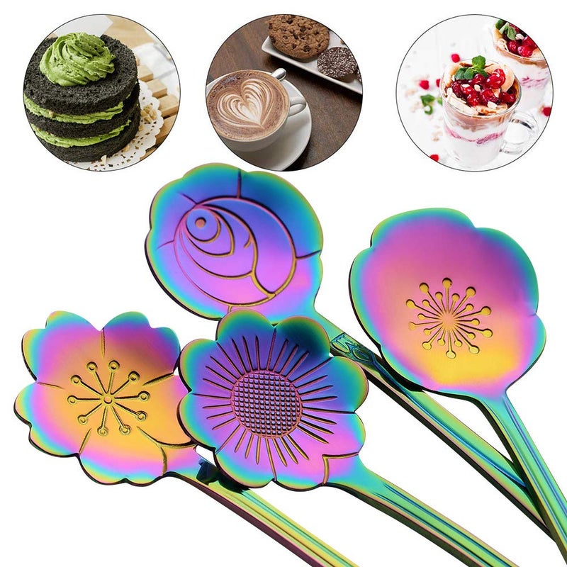 AnSaw 8 Pc Rainbow Flower Spoon Set, Stainless Steel Reusable Tea Scoops Stirring Coffee Mixing Sugar Dessert Cake Ice Cream Spoons, 4.9 Inch - Image 5